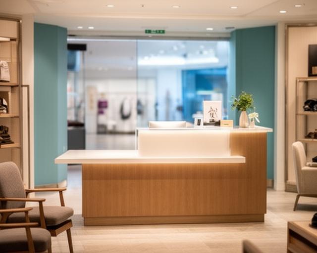 Welcoming reception desk with a clear front counter, seating, and a neat local retail welcome area