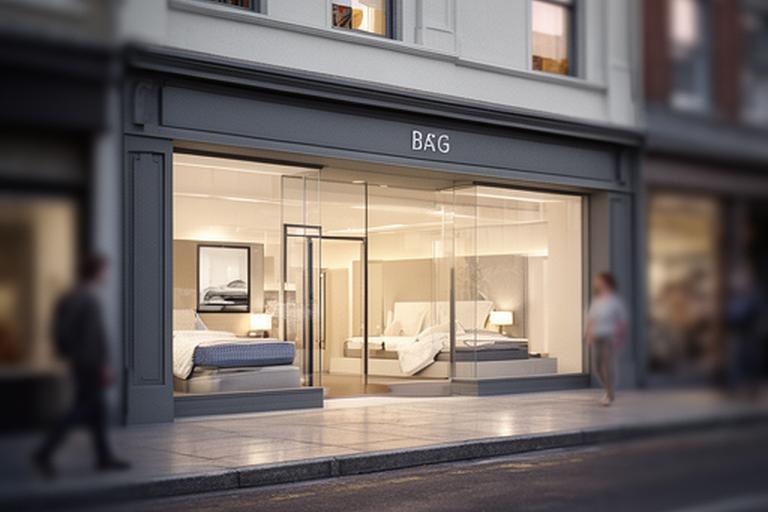 The storefront of the bedding showroom on a quiet street, with clear signage and a clean entrance