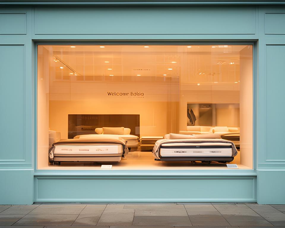 Welcoming bedding showroom frontage with large front window, warm interior lighting, and displayed mattresses