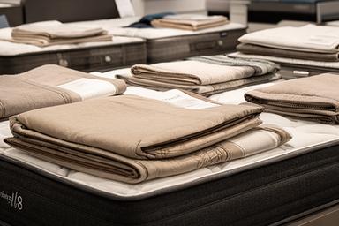 Neatly arranged mattress display with folded bedding and price cards in a calm retail showroom