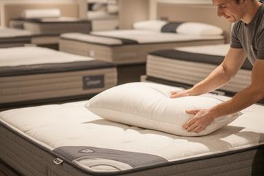 Mattress fitting area with a member of staff adjusting a pillow beside several display beds