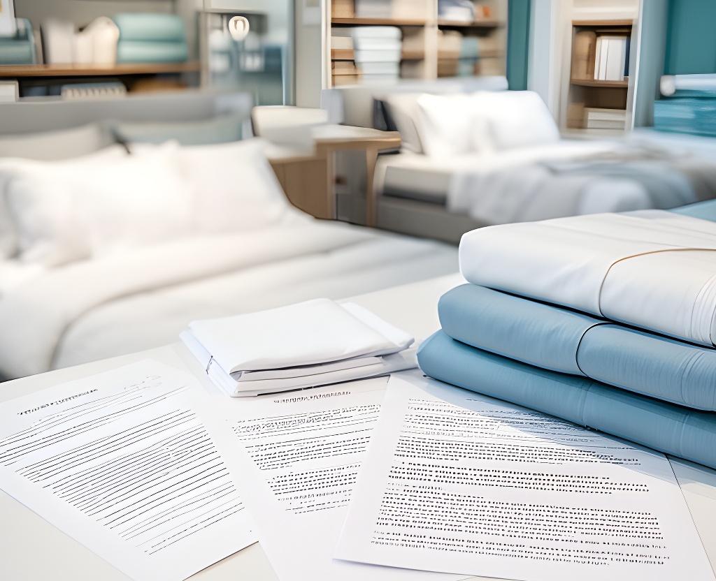 Open legal documents beside a bed linen display in a bright Sheffield showroom
