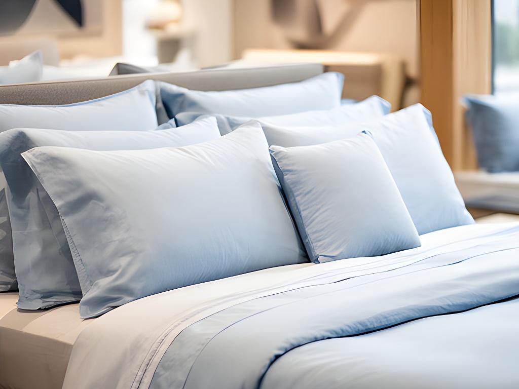 A neatly dressed bed with layered bedding, pillows, and soft natural window light in a calm showroom setting