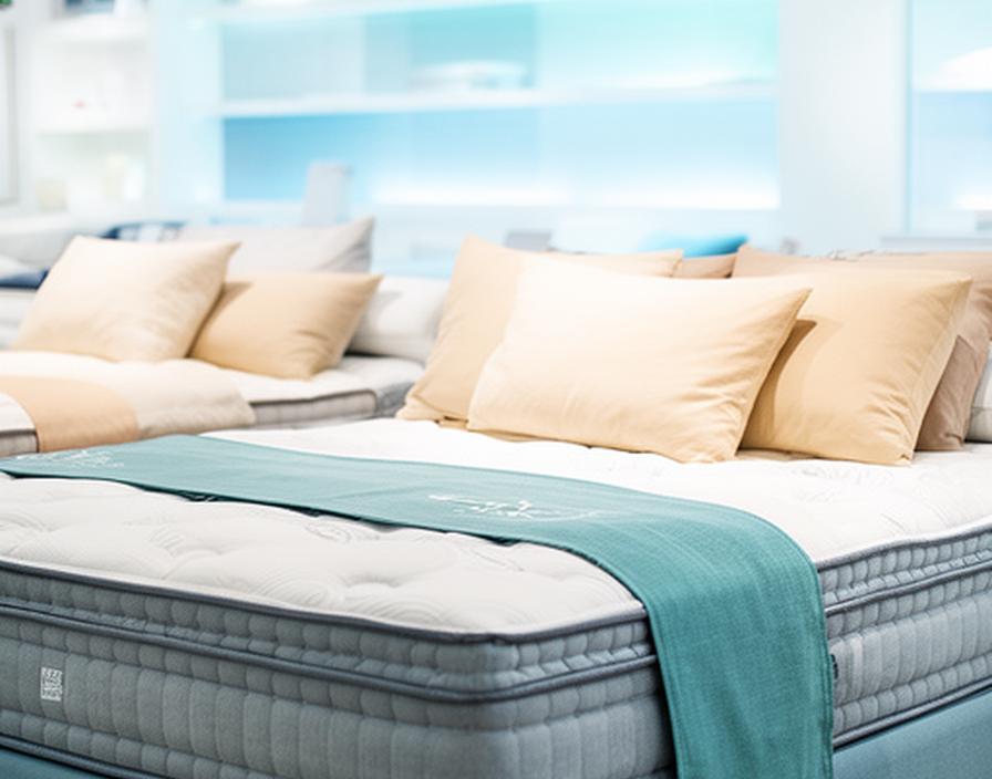 Neatly made bedroom display with layered mattresses and bedding in a bright showroom at Fearns' Bed Chambers