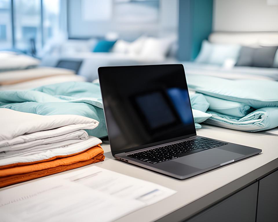 Open laptop on a bedding showroom counter with policy notes and a calm, tidy workspace
