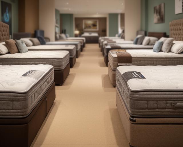 Pocket sprung mattress display in warm lighting with layered beds across a tidy showroom aisle