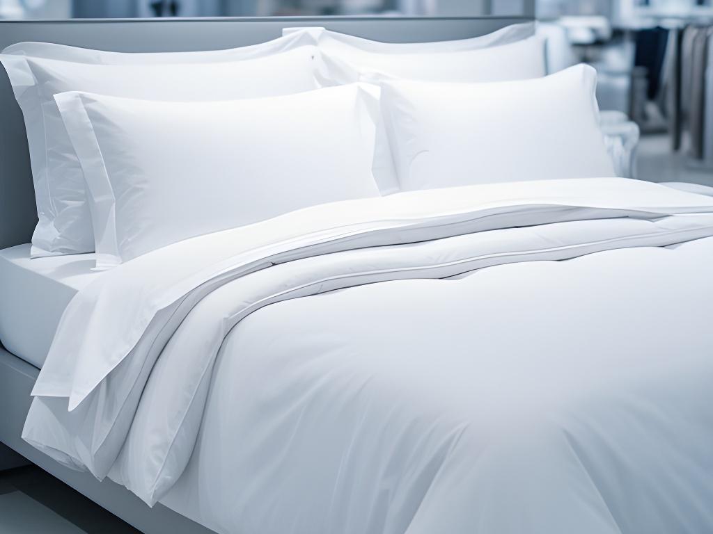 Neatly made bed with crisp white sheets, layered pillows and a folded duvet in a bright showroom