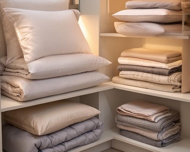 Bedding accessory corner with pillows, sheets, and folded textiles arranged on open shelving